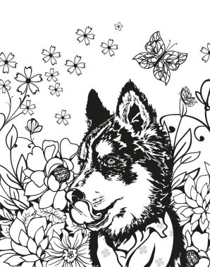 Güçlü. Bir köpeğin siyah beyaz çizimi. Boyama sayfası. Vektör.