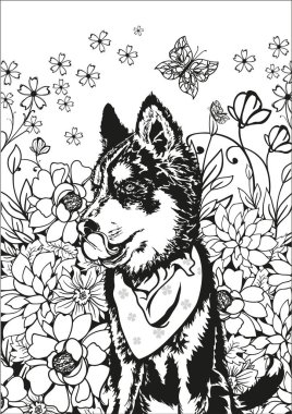 Güçlü. Bir köpeğin siyah beyaz çizimi. Boyama sayfası. Vektör.