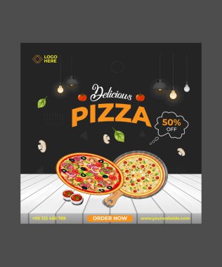 Lezzetli Pizza- sosyal medya ileti şablonu. Sosyal medya paylaşımları, internet veya internet reklamları için uygun. Fotoğraf Koleji ile Vektör illüstrasyonu.