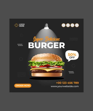 Süper Lezzetli Burger, sosyal medya paylaşım şablonu. Sosyal medya paylaşımları, internet veya internet reklamları için uygun. Fotoğraf Koleji ile Vektör illüstrasyonu.