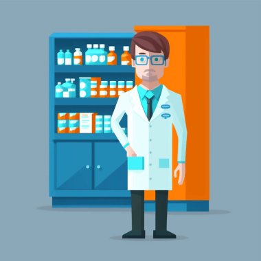 Vector illustration of a serious adult man with styled hair, as a pharmacist wearing lab coat and glasses, with medicine shelves in the background