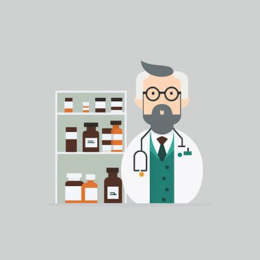 Vector illustration of a serious adult man with styled hair, as a pharmacist with glasses, with medicine shelves in the background