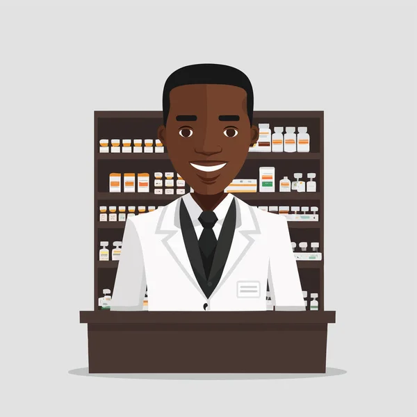 Vector Illustration Adult Black Man Working Pharmacist Shelf Drugstore Drugs — Wektor stockowy
