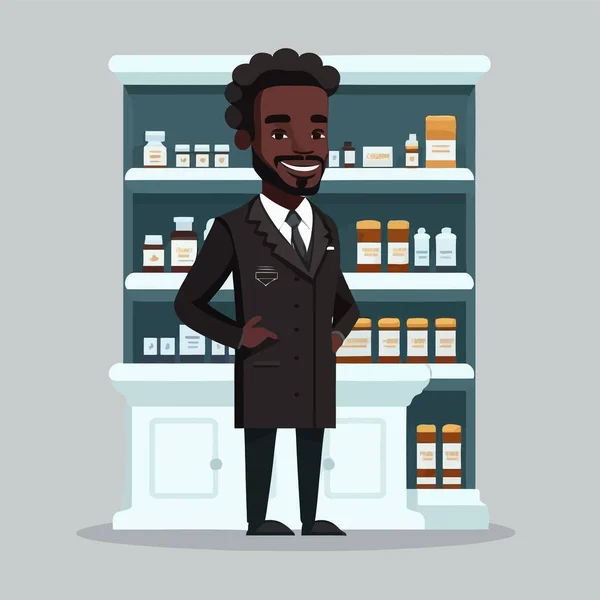 Vektor Illustration Vuxen Svart Man Som Arbetar Farmaceut Med Hylla — Stock vektor