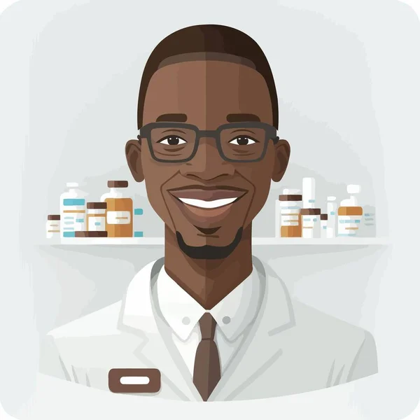 Adult Black Man Working Pharmacist Shelf Drugstore Drugs Background — Wektor stockowy