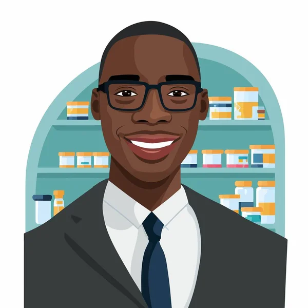 Adult Black Man Working Pharmacist Shelf Drugstore Drugs Background — Wektor stockowy