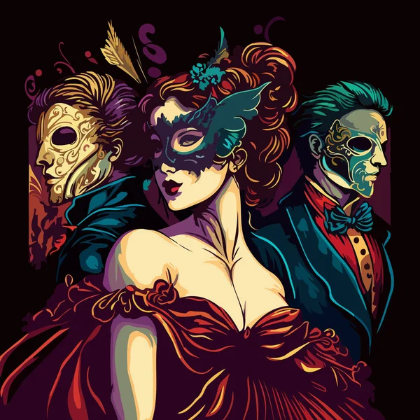 Illustration Fictional Characters Stylishly Dressed Masquerade Wearing Ornate Venetian Masks — Stock Vector