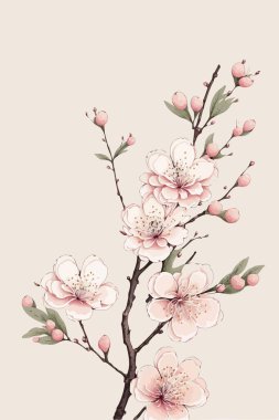 Flowering cherry angiosperm tree in spring closeup with khaki color background