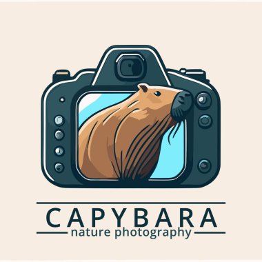 Minimalist illustration of a capybara emerging from a camera screen as a funny way to illustrate nature photography clipart