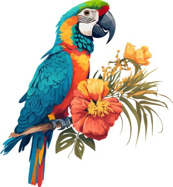 Vector illustration of macaw perched on a branch with a flower