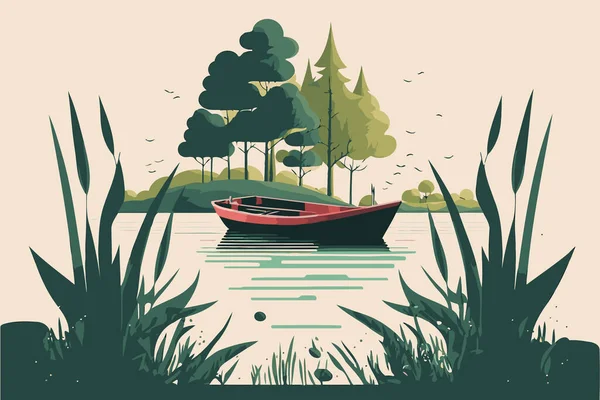 Illustration River Natural Environment Empty Boat Made Illustrate World Water — Vetor de Stock
