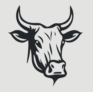 Minimalist lineart style symbol with cow animal head for logo or illustrating livestock farming themes
