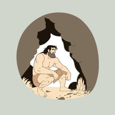 Large strong bearded primitive caveman in a cave