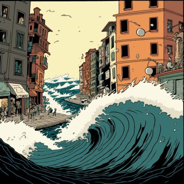 Illustration of giant marine tsunami destroying a city with buildings