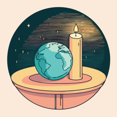 Conceptual illustration of a globe and a lit candle to represent the campaign against climate change called earth hour which asks the world to turn off the lights as a symbolic act