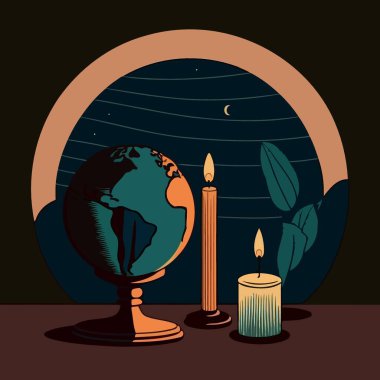 Conceptual illustration of a globe and a lit candle to represent the campaign against climate change called earth hour which asks the world to turn off the lights as a symbolic act