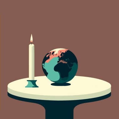 Conceptual illustration of a globe and a lit candle to represent the campaign against climate change called earth hour which asks the world to turn off the lights as a symbolic act