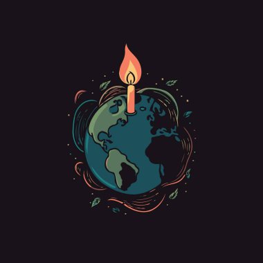 Conceptual illustration of a globe and a lit candle to represent the campaign against climate change called earth hour which asks the world to turn off the lights as a symbolic act