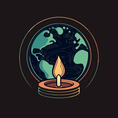 Conceptual illustration of a globe and a lit candle to represent the campaign against climate change called earth hour which asks the world to turn off the lights as a symbolic act
