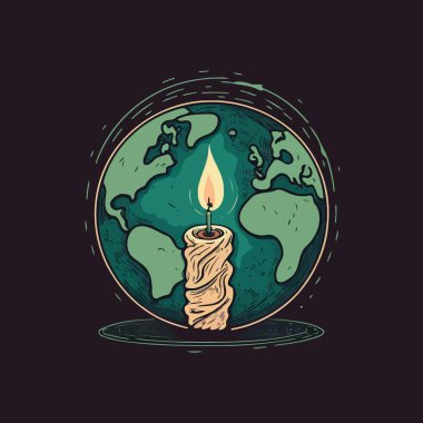 Conceptual illustration of a globe and a lit candle to represent the campaign against climate change called earth hour which asks the world to turn off the lights as a symbolic act