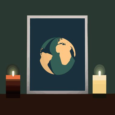 Conceptual illustration of a globe and a lit candle to represent the campaign against climate change called earth hour which asks the world to turn off the lights as a symbolic act