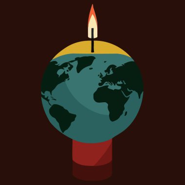 Conceptual illustration of a globe and a lit candle to represent the campaign against climate change called earth hour which asks the world to turn off the lights as a symbolic act