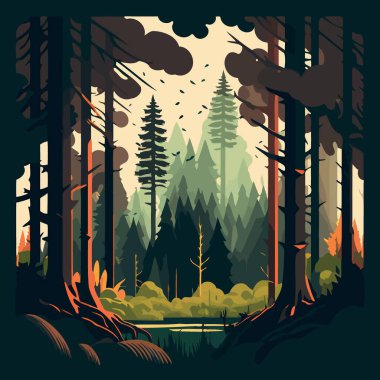 Colorful vector illustration of woodland forest landscape with trees