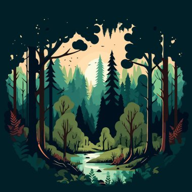 Colorful vector illustration of woodland forest landscape with trees