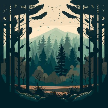 Colorful vector illustration of woodland forest landscape with trees