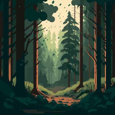 Colorful vector illustration of woodland forest landscape with trees