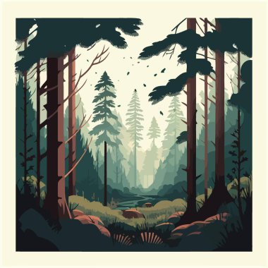 Colorful vector illustration of woodland forest landscape with trees