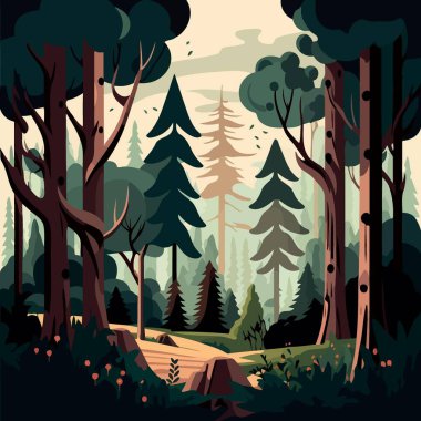 Colorful vector illustration of woodland forest landscape with trees
