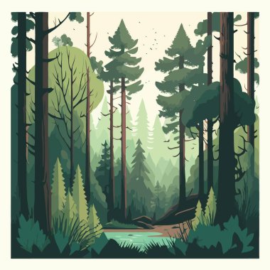 Colorful vector illustration of woodland forest landscape with trees