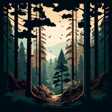 Colorful vector illustration of woodland forest landscape with trees