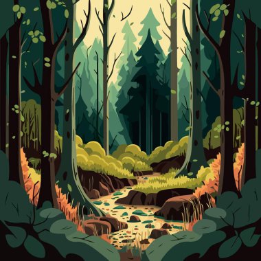 Colorful vector illustration of woodland forest landscape with trees