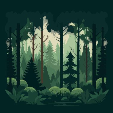 Colorful vector illustration of woodland forest landscape with trees
