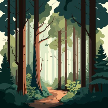 Colorful vector illustration of woodland forest landscape with trees