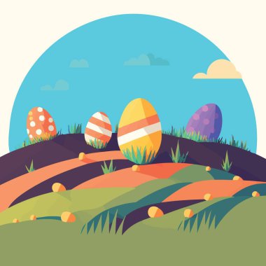 Vector illustration of food themed collection of easter eggs in a grassy field