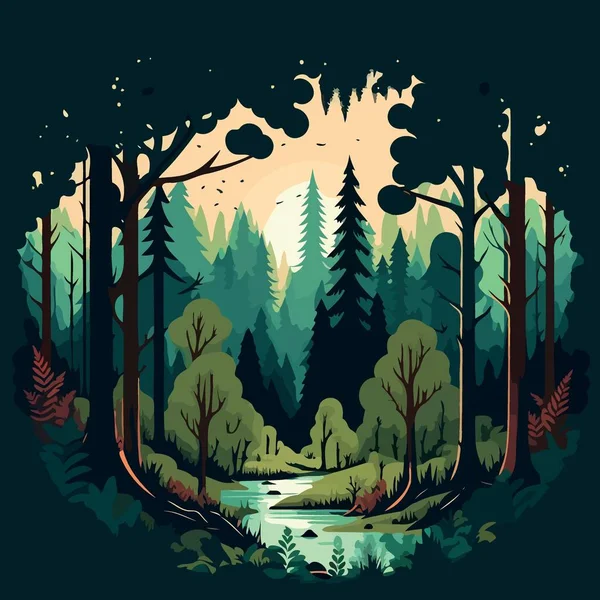 Colorful vector illustration of woodland forest landscape with trees