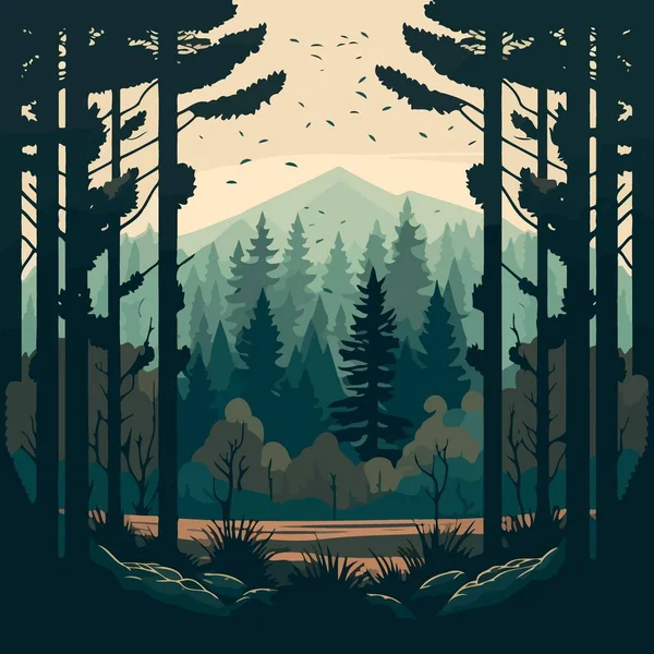 Colorful vector illustration of woodland forest landscape with trees