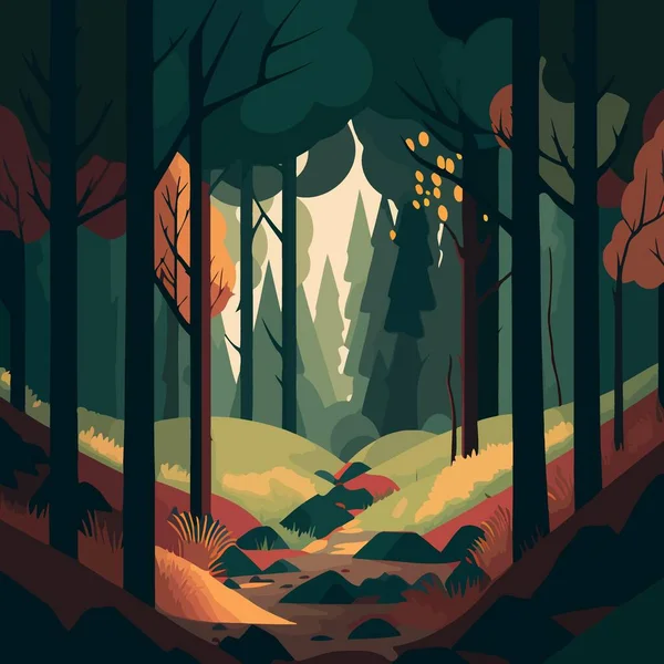 Colorful vector illustration of woodland forest landscape with trees