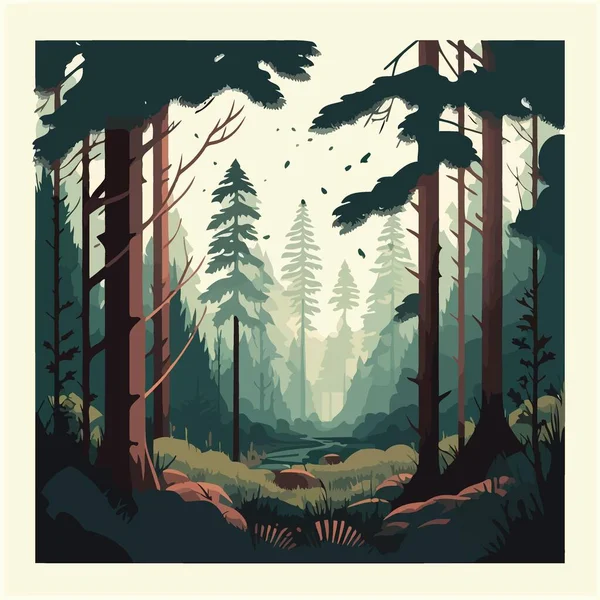 Colorful vector illustration of woodland forest landscape with trees