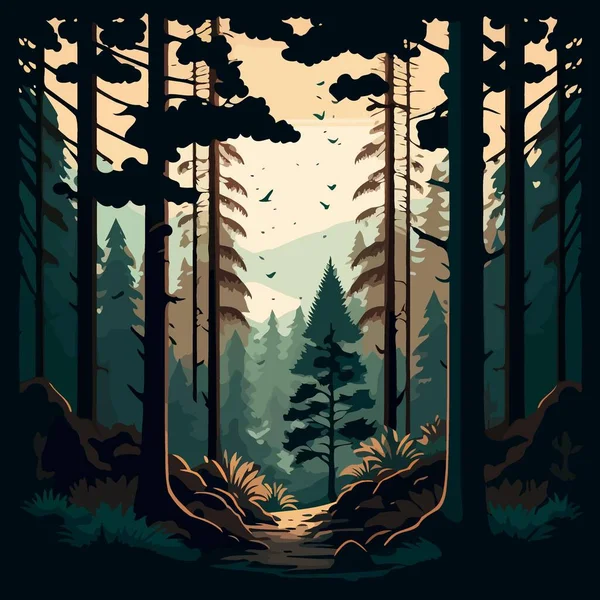 Colorful vector illustration of woodland forest landscape with trees