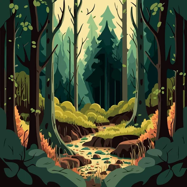 Colorful vector illustration of woodland forest landscape with trees
