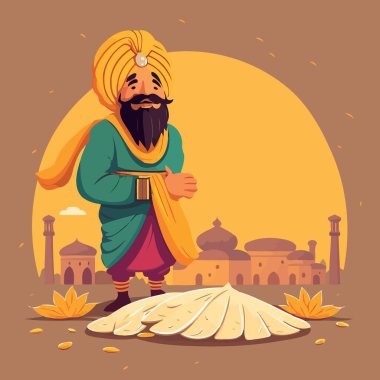 Baisakhi arka planındaki Hintli karakter buğday hasadı vektör illüstrasyonundan sonra eğleniyor