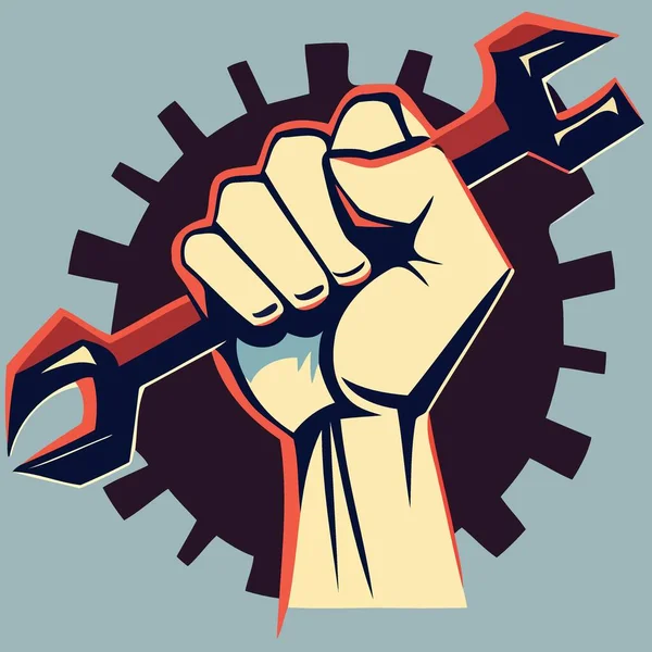 Кулак Поднятый Помощью Гаечного Ключа Символизирует Труд Трудящийся Рабочий День — стоковый вектор