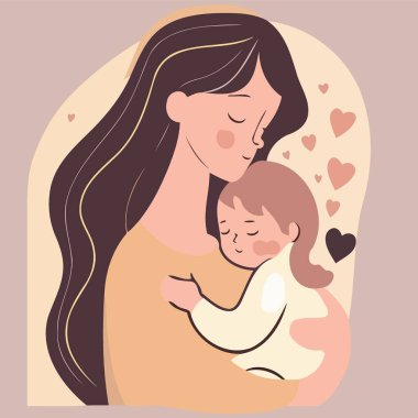 Yetişkin bir kadın anneler gününü ya da annelik minimalist vektör illüstrasyonunu göstermek için bebeğini sevgiyle tutuyor.