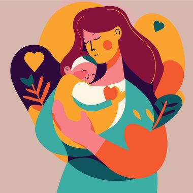 Yetişkin bir kadın anneler gününü ya da annelik minimalist vektör illüstrasyonunu göstermek için bebeğini sevgiyle tutuyor.