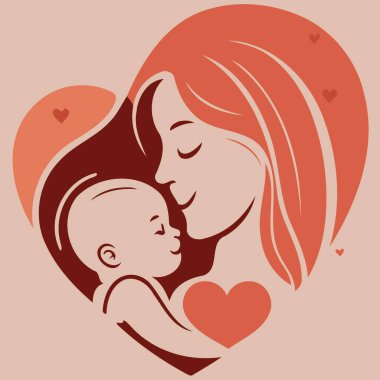 Yetişkin bir kadın anneler gününü ya da annelik minimalist vektör illüstrasyonunu göstermek için bebeğini sevgiyle tutuyor.