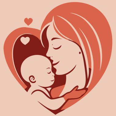 Yetişkin bir kadın anneler gününü ya da annelik minimalist vektör illüstrasyonunu göstermek için bebeğini sevgiyle tutuyor.
